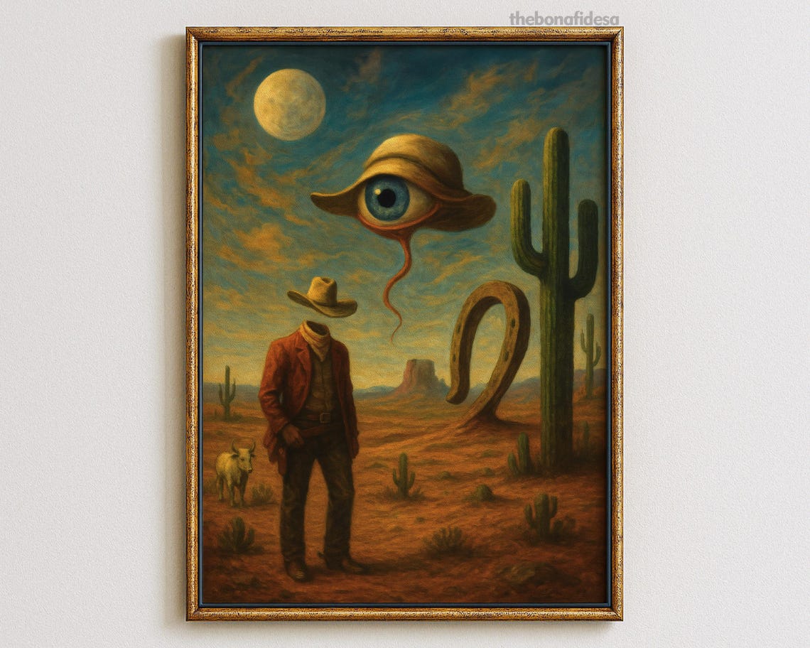 Surreal Western Desert Cowboy Floating Eye Cactus Maximalist Art Print