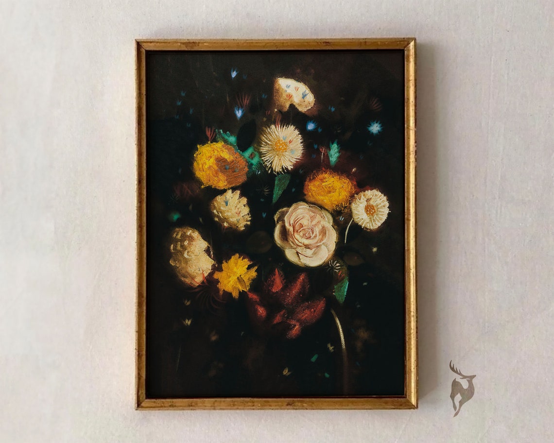 Dark Academia Floral Still Life Poster Moody Roses On Deep Black