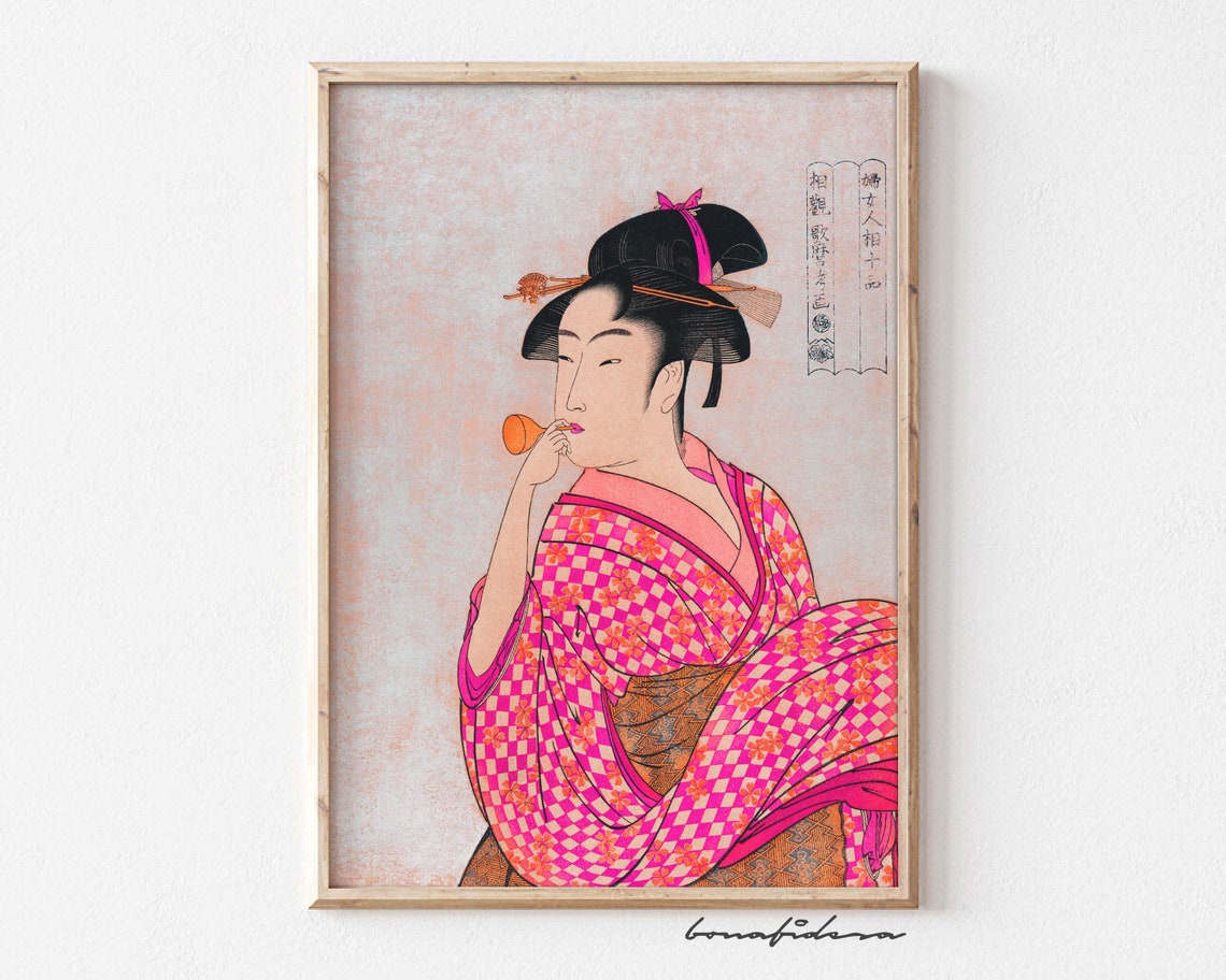 Japanese Ukiyo E Geisha Pink Kimono Woodblock Style Art Print