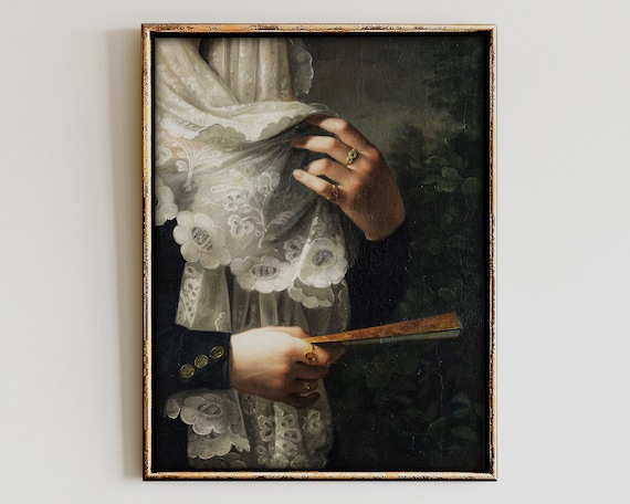 Vintage Classic Oil Painting Woman Lace Shawl Fan Detail Poster