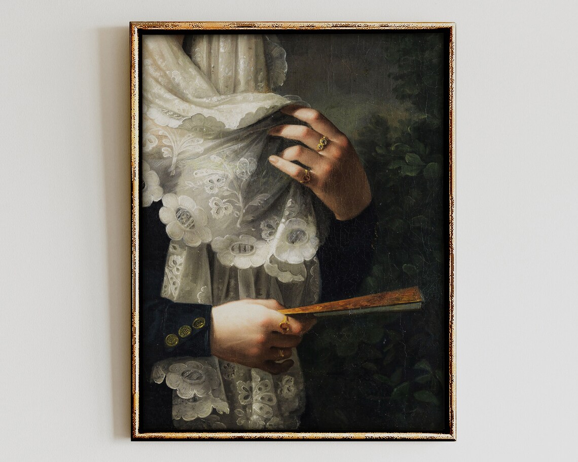 Vintage Classic Oil Painting Woman Lace Shawl Fan Detail Poster