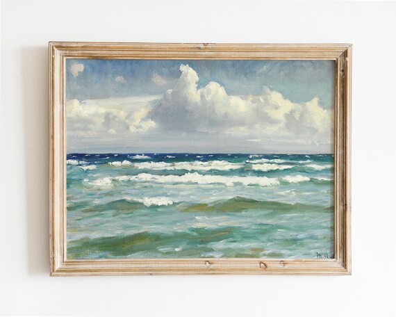 Vintage Seascape Oil Painting Ocean Waves Clouds Classic Wall Art
