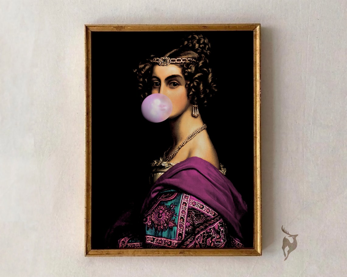 Altered Art Baroque Portrait Blowing Bubblegum Fun Art Poster