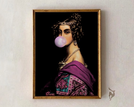 Altered Art Baroque Portrait Blowing Bubblegum Fun Art Poster