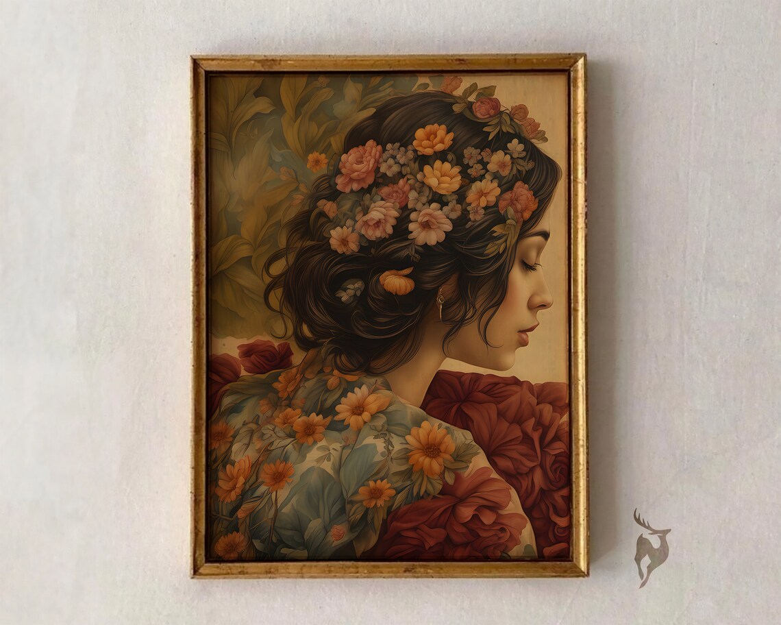 Woman with Flowers in Hair Autumn Botanical Portrait Oil Painting Print