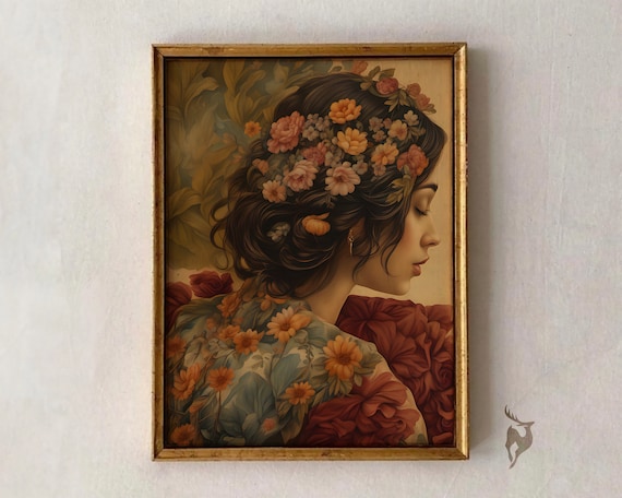 Woman with Flowers in Hair Autumn Botanical Portrait Oil Painting Print