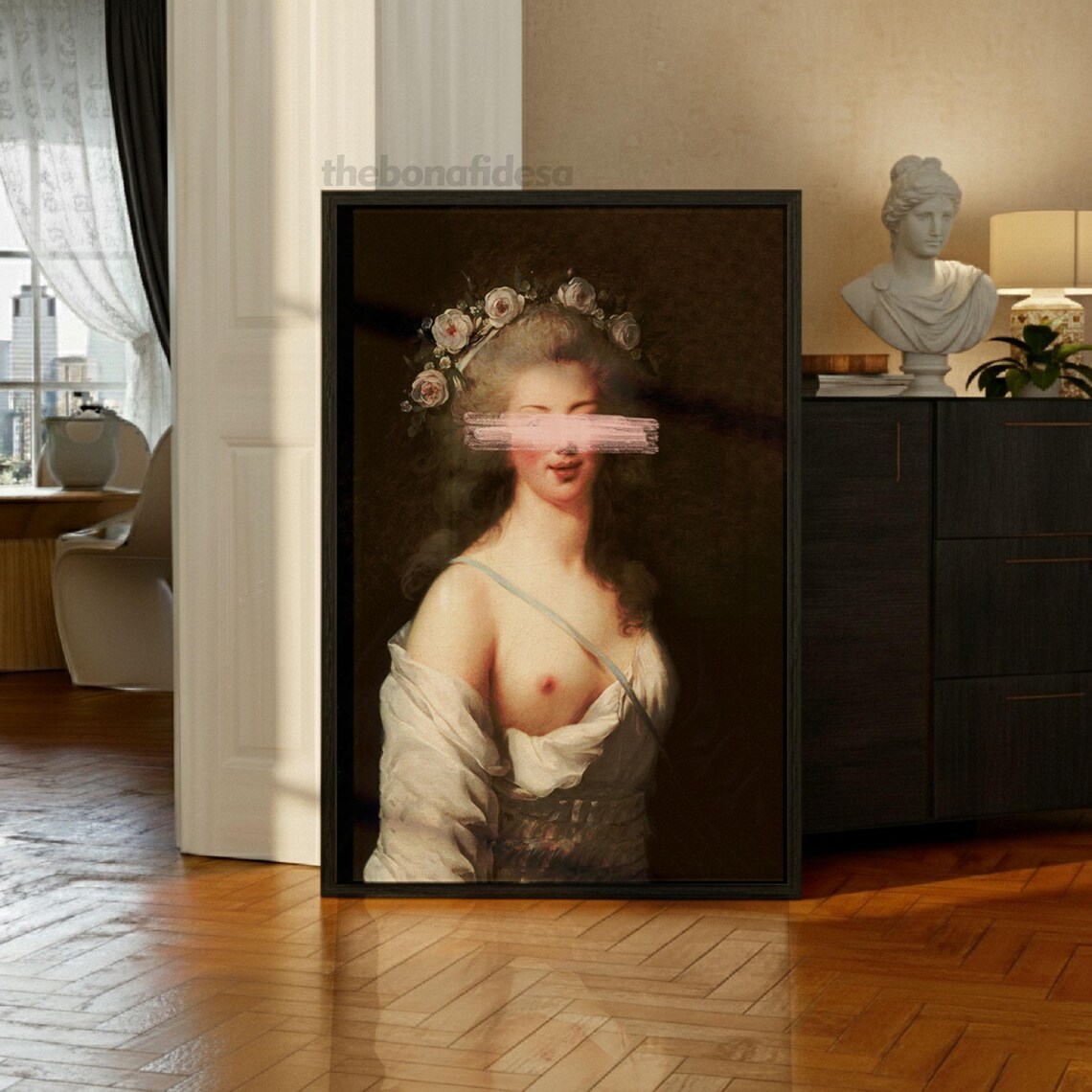 Rococo Woman Rose Crown Pink Paint Swipe Altered Portrait Art Print