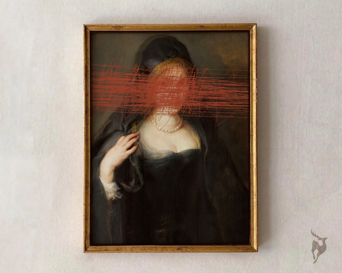 Altered Baroque Portrait Woman Red Scribble Gothic Art Poster
