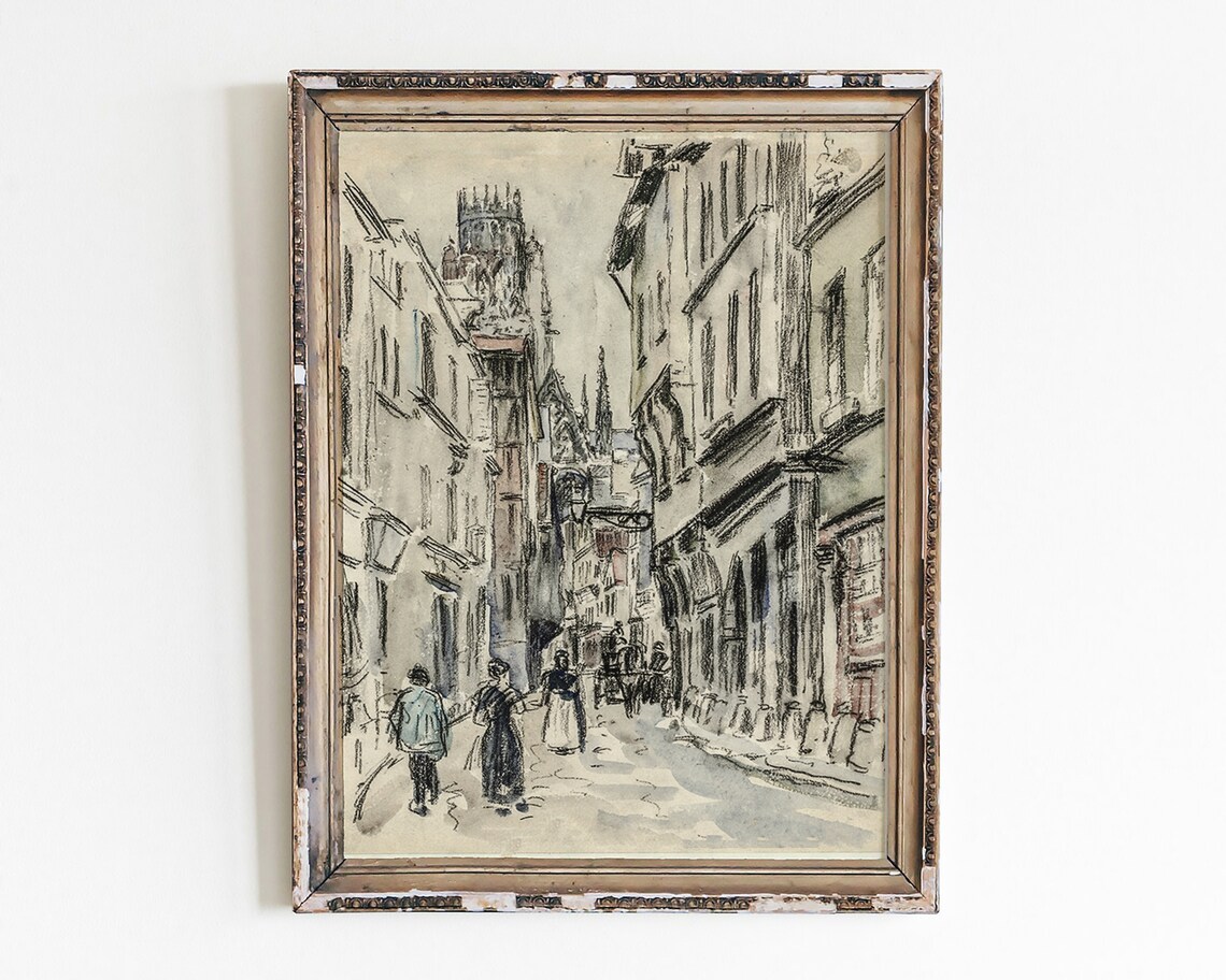 Vintage Charcoal Old European Street Sketch Antique Style Art Poster