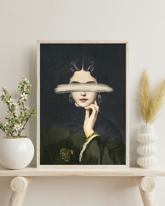 Altered Victorian Woman Portrait with White Paint Stroke Eyes Art Poster