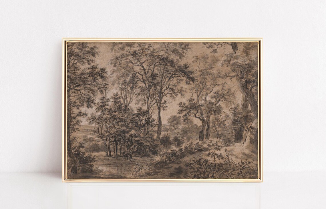Antique Sepia Forest Trees Ink Sketch Woodland Landscape Art Poster - Image 3