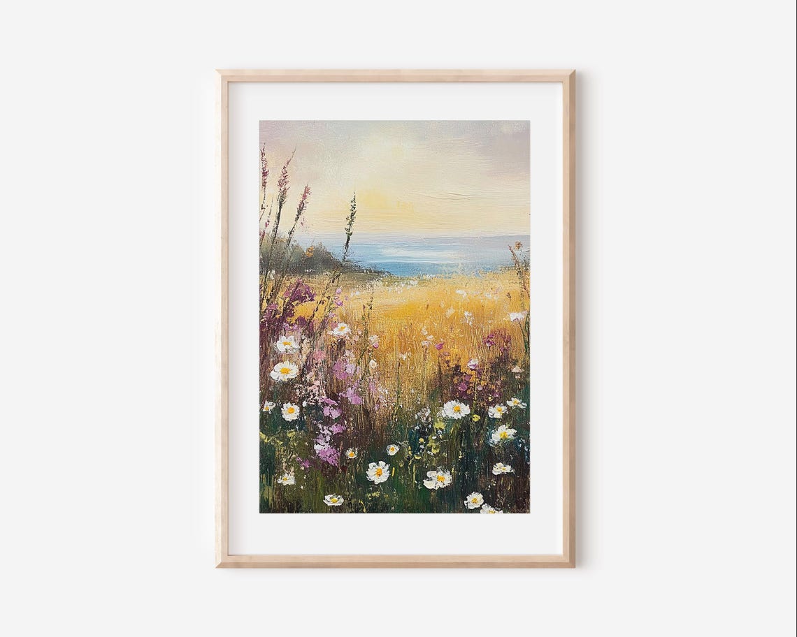 Wildflower Field Landscape Vintage Oil Painting Farmhouse Art Country Field Landscape Farmhouse Decor - Image 4