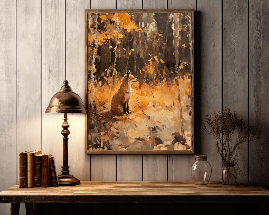 Red Fox in Golden Autumn Forest Moody Oil Painting Wildlife Poster - Image 2