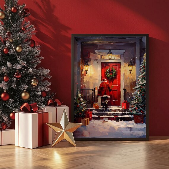Christmas Red Front Door Scene, Santa Wreath Poster