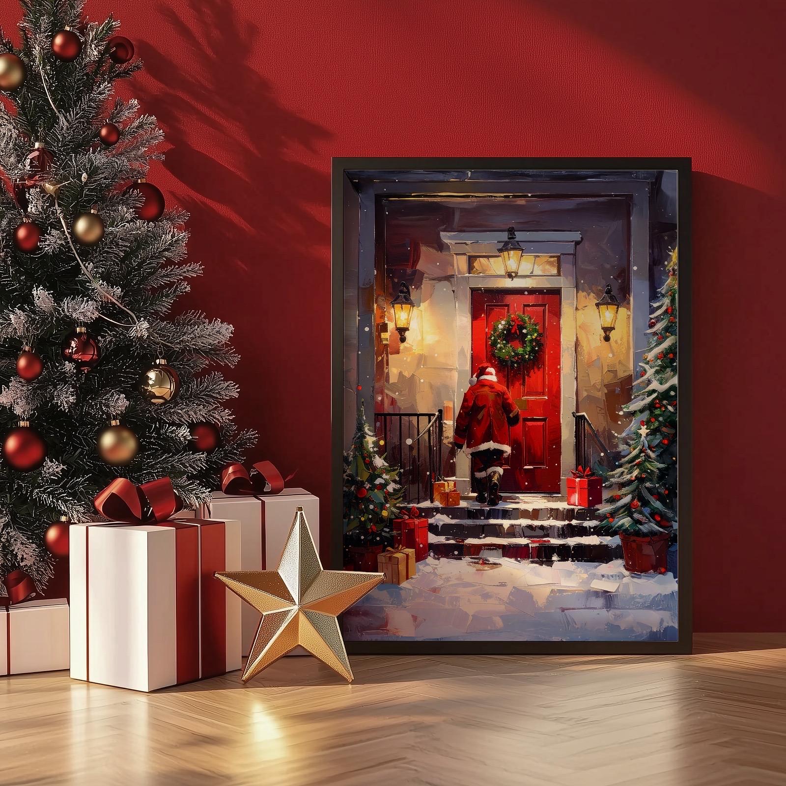 Christmas Red Front Door Scene, Santa Wreath Poster