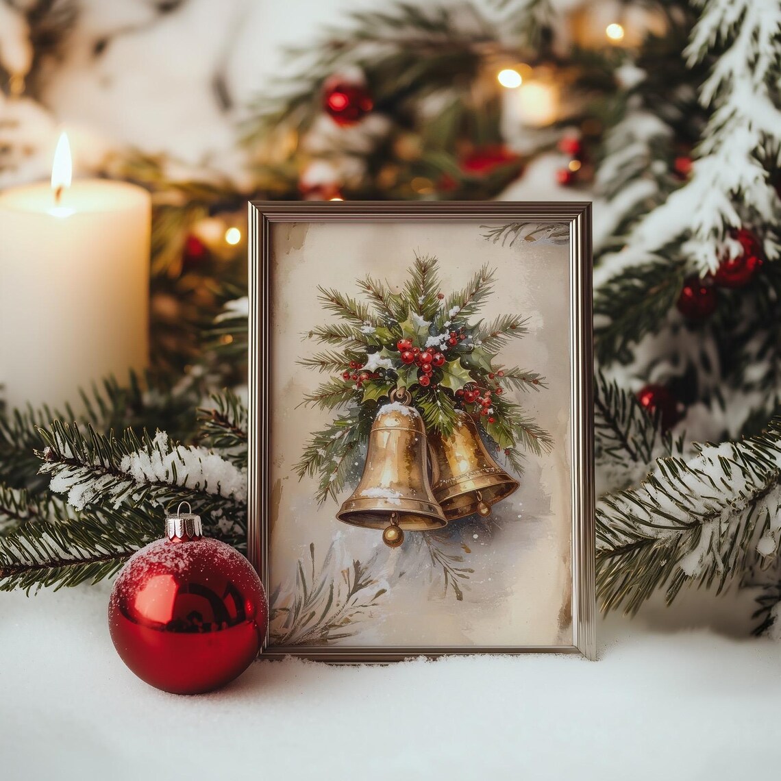 Golden Christmas Bells with Holly and Pine Watercolor Holiday Poster