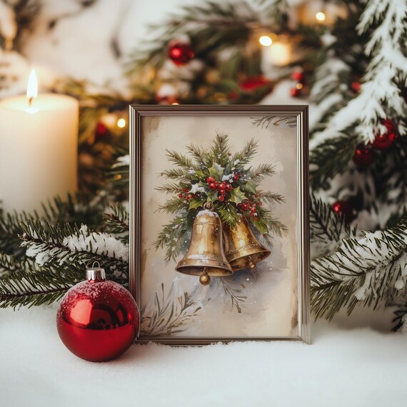 Golden Christmas Bells with Holly and Pine Watercolor Holiday Poster