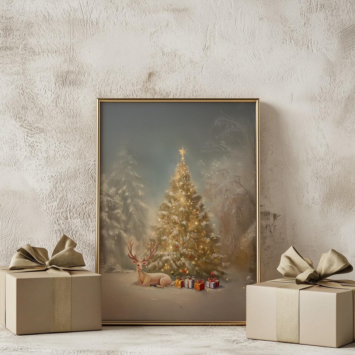 Vintage Christmas Tree Reindeer Poster Print