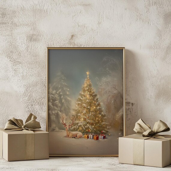 Vintage Christmas Tree Reindeer Poster Print
