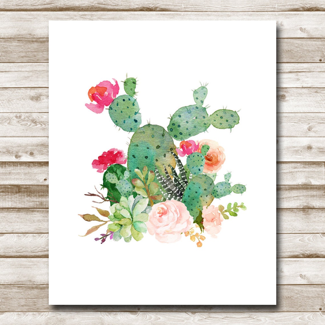 Watercolor Cactus Succulent Floral Bouquet Southwestern Bloom Wall Art - Image 4