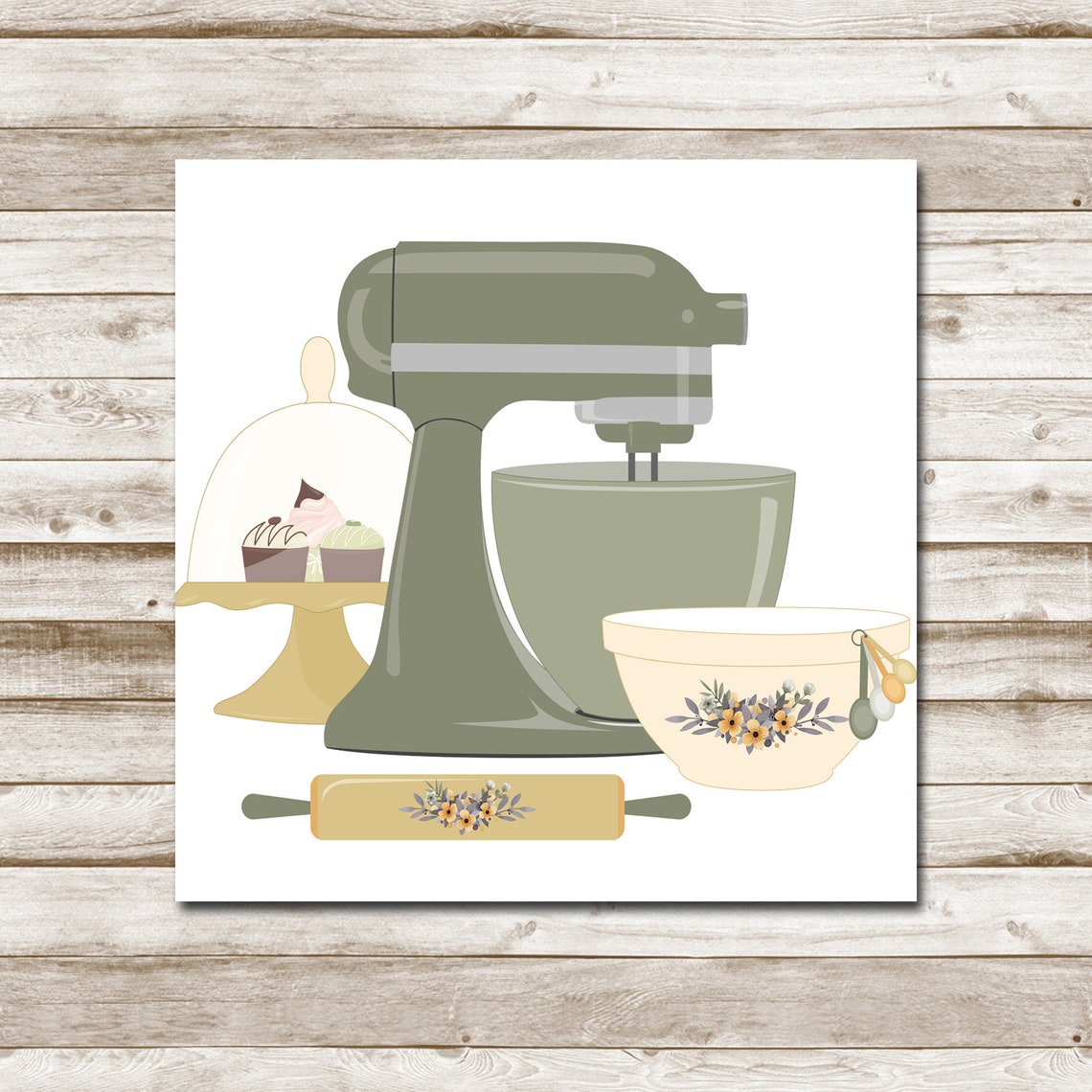 Sage Green Stand Mixer Baking Kitchen Illustration Floral Bowl Poster - Image 10