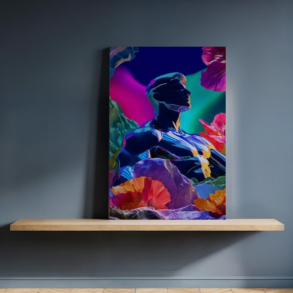 Neon Male Statue Figure Canvas Colorful Floral Cyber Pop Wall Art