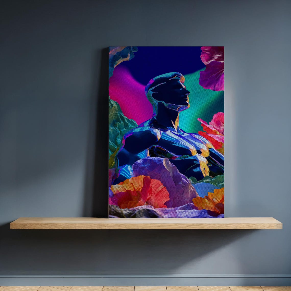 Neon Male Statue Figure Canvas Colorful Floral Cyber Pop Wall Art