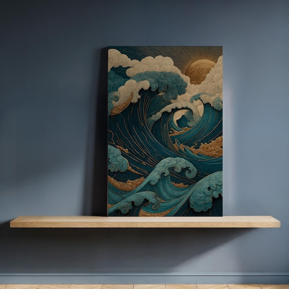 Framed Ocean Wave Canvas Wall Art Japaneseinspired Blue Gold Sea Swirl Print Dramatic Nautical Decor Gift For Coastal Or Zen Interiors