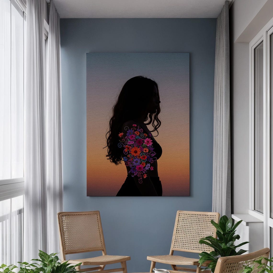 Woman Silhouette Floral Bouquet Sunset Double Exposure Canvas Poster