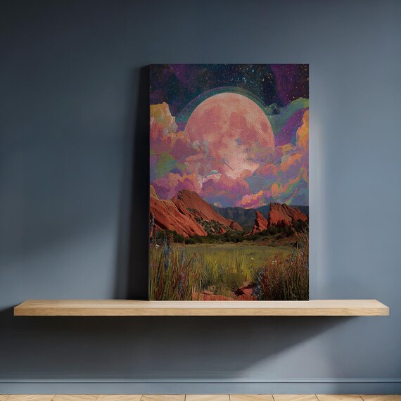 Surreal Moon Desert Canvas Wall Art Dreamy Red Rock Landscape Under Cosmic Sky Framed Fantasy Nature Print For Boho Or Modern Spaces