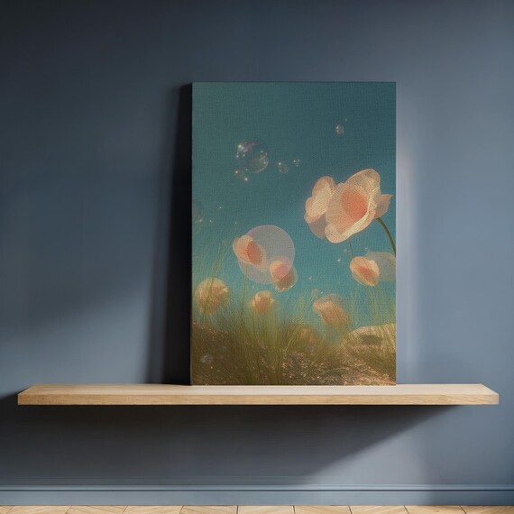 Dreamy Floating Petals Bubble Flowers Teal Sky Garden Poster