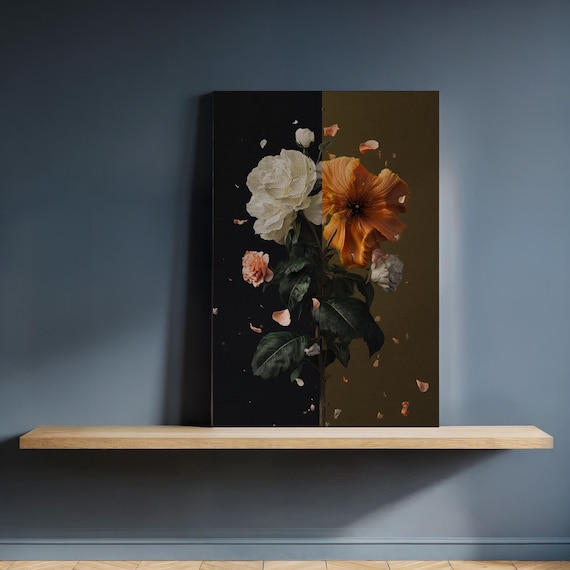 Framed Dark Floral Split Wall Art Vintage Botanical Canvas With Petal Fall On Black And Brown Elegant Gift For Moody Or Romantic Interiors