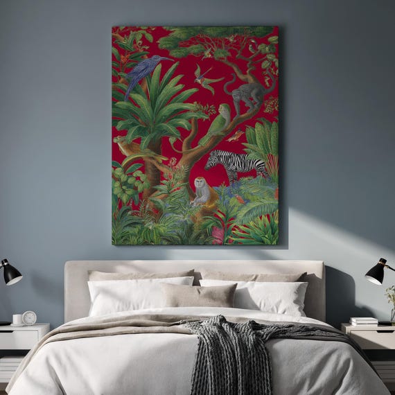 Red Jungle Canvas Wall Art Tropical Animal Scene With Monkeys And Zebra Framed Bold Wildlife Print For Safari Inspired Exotic Interiors