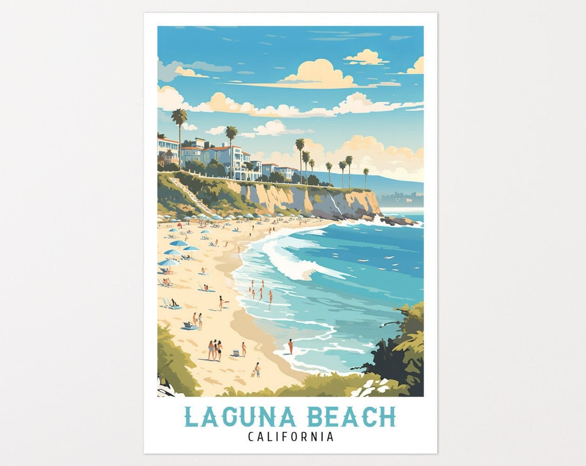 Laguna Beach California Busy Beach Cliff Hotel Blue Travel Poster
