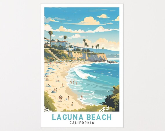 Laguna Beach California Busy Beach Cliff Hotel Blue Travel Poster