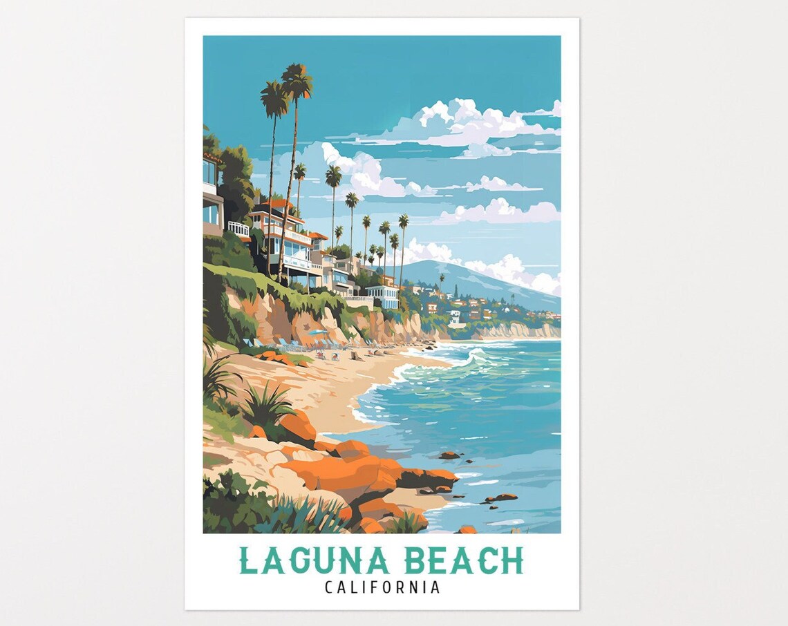 Laguna Beach California Rocky Shore Cliff Homes Palm Travel Poster