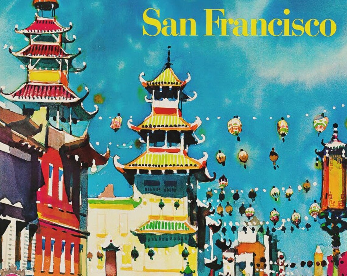 San Francisco Chinatown Street Lanterns Trolley Vintage Travel Poster - Image 3
