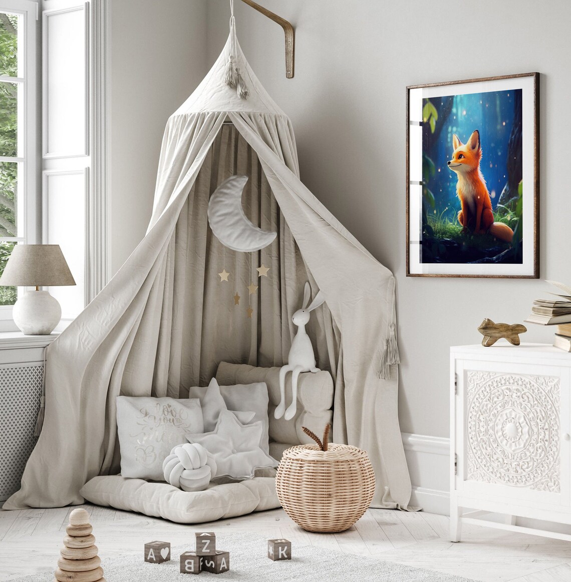Cute Cartoon Fox in Rainy Moonlit Forest Magical Wildlife Print - Image 2