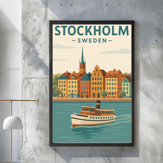 Stockholm Sweden Travel Poster Retro Scandinavian Cityscape