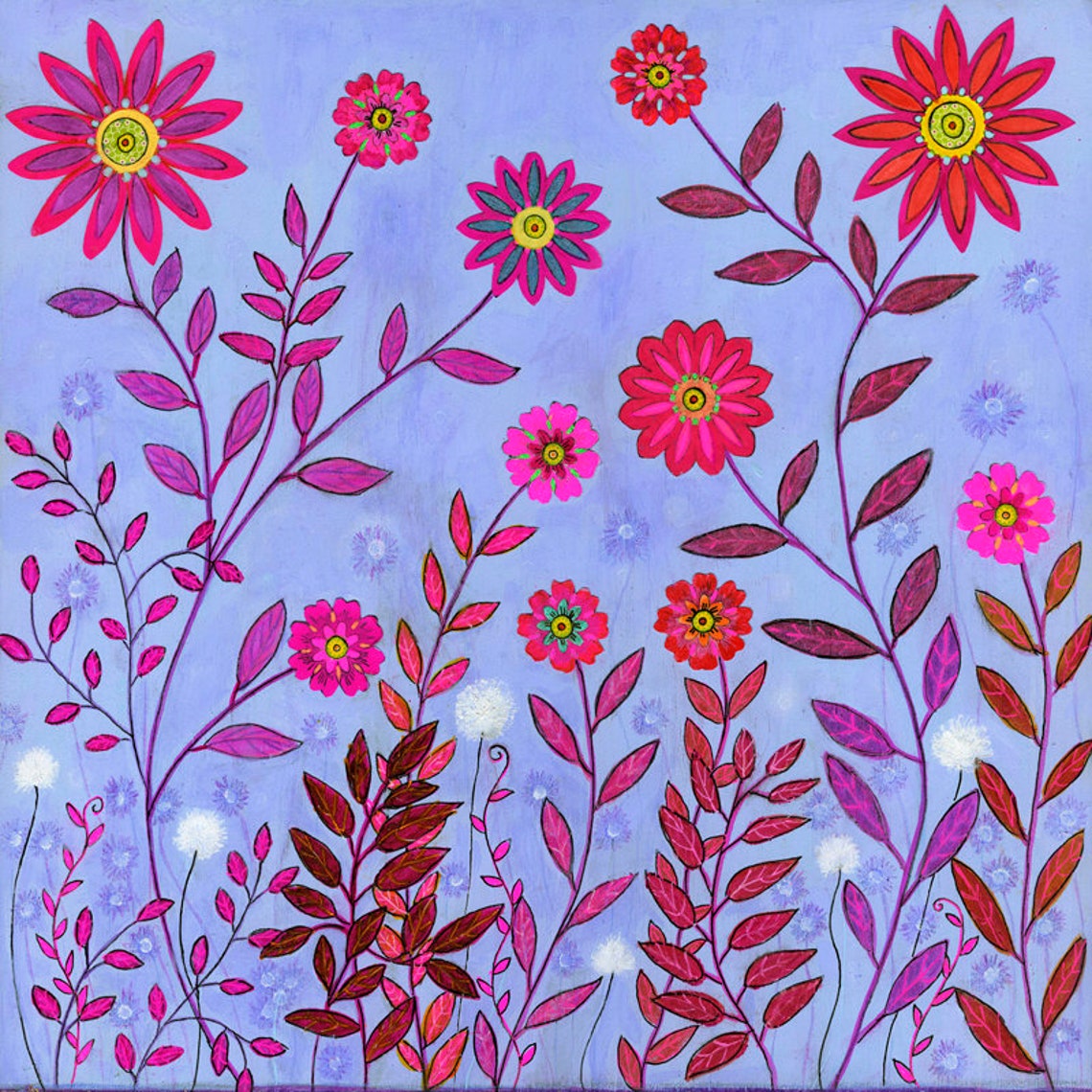 Pink Daisies with Purple Leaves on a Lavender Sky Art Poster