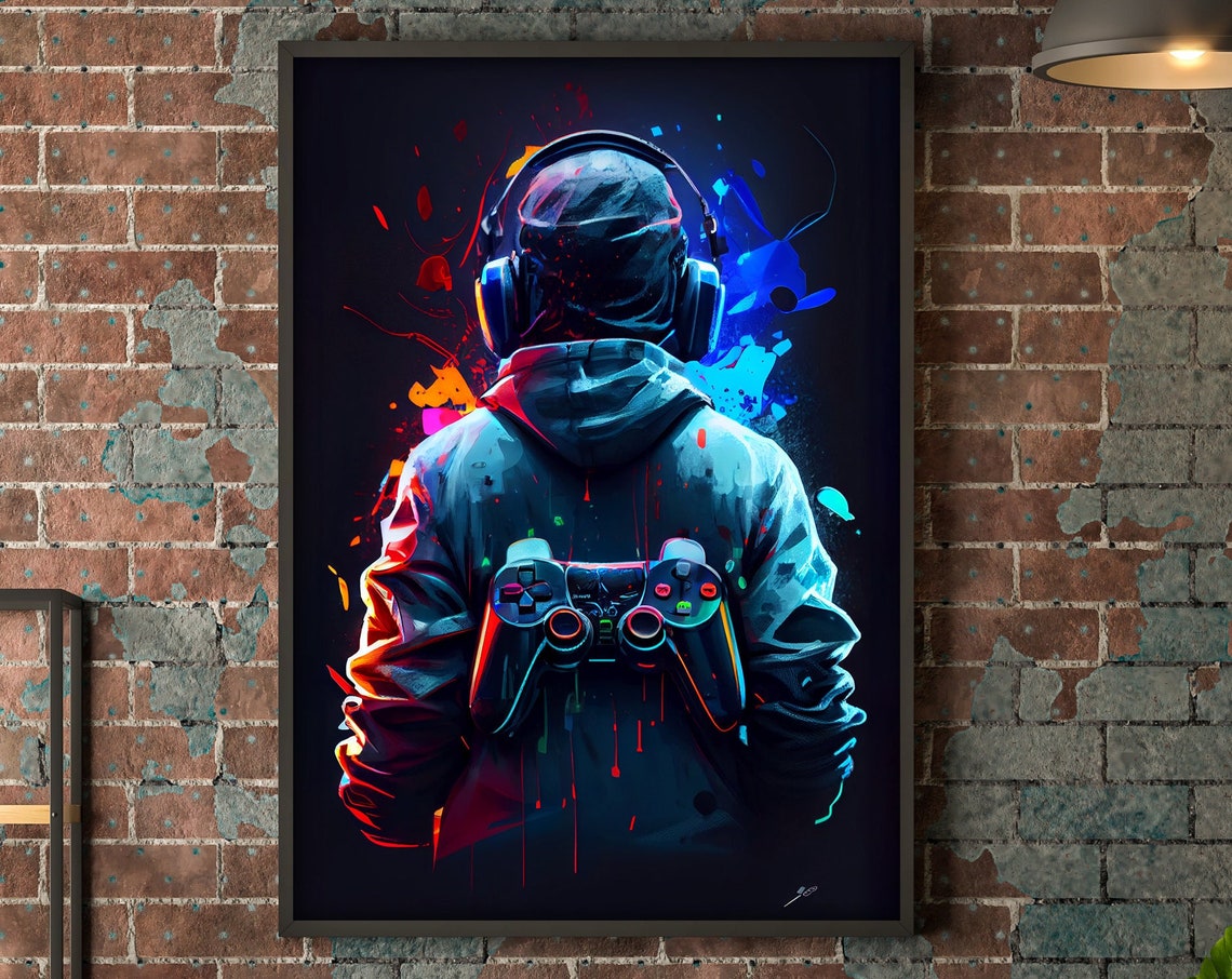 Gamer Back View With Headset Neon Paint Splatter Brick Wall Poster