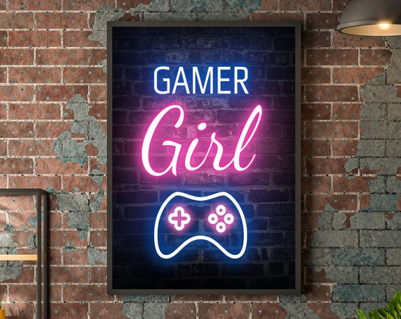 Gamer Girl Neon Poster Print Gaming Room Decor Wall Art Video Game Poster Gamer Gift Gaming