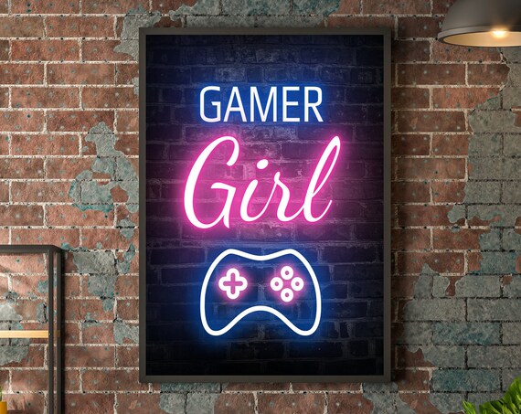 Gamer Girl Neon Sign Gamepad Icon Brick Wall Glowing Gaming Poster