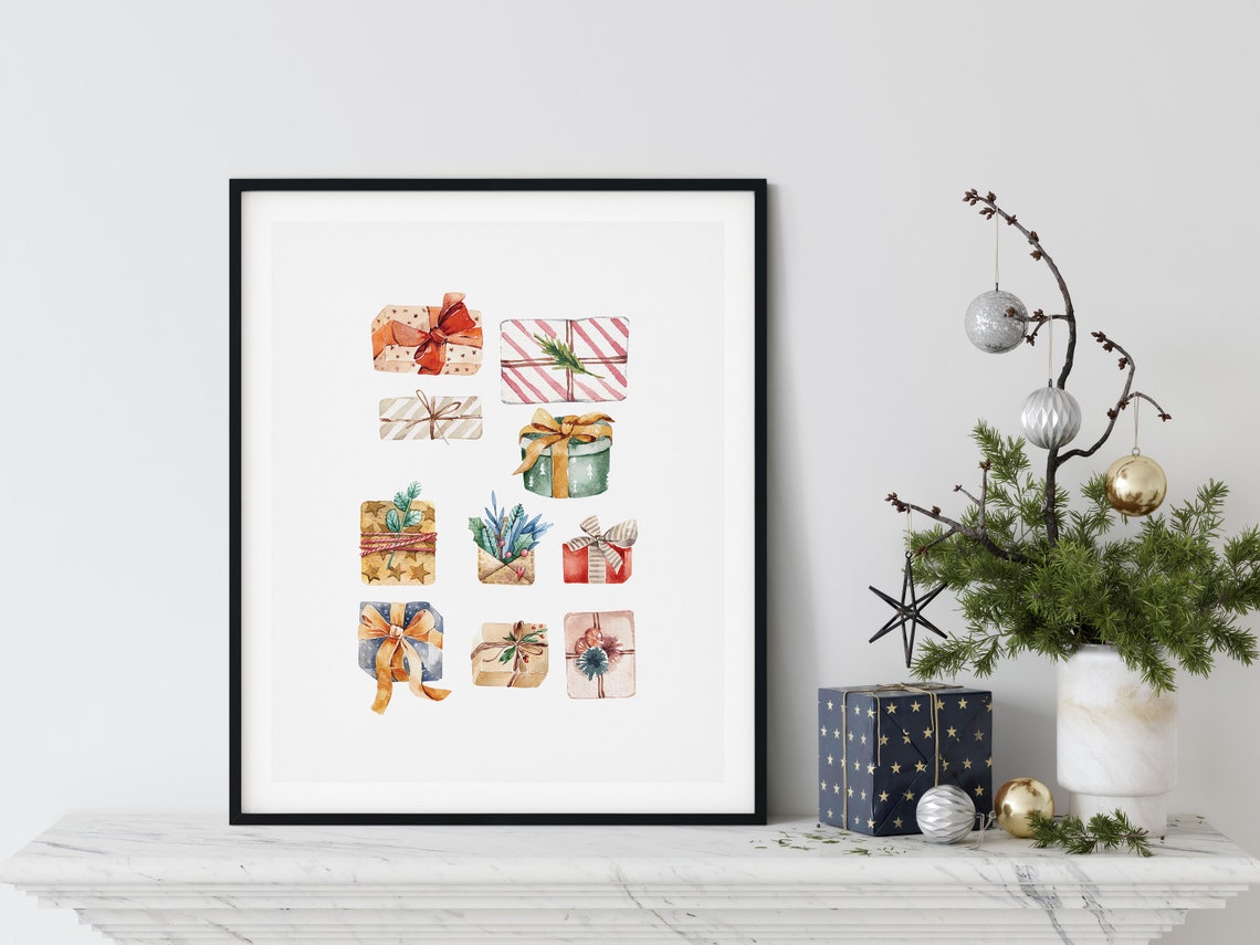 Watercolor Christmas Gifts Collage Festive Wall Decor Poster - Image 4