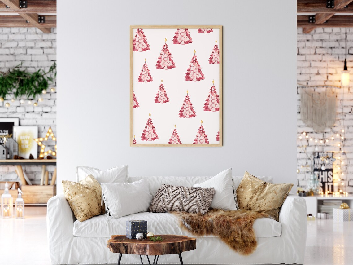 Pink Christmas Tree Watercolor Minimalist Scandinavian Holiday Poster - Image 5