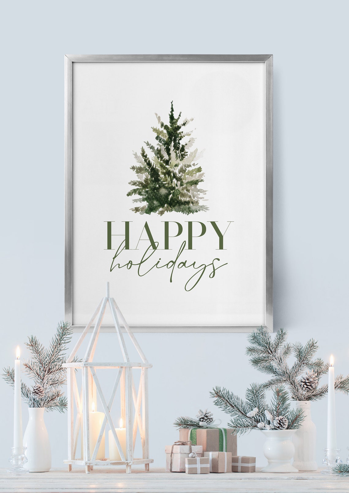 Happy Holidays Watercolor Green Christmas Tree Script Poster - Image 3
