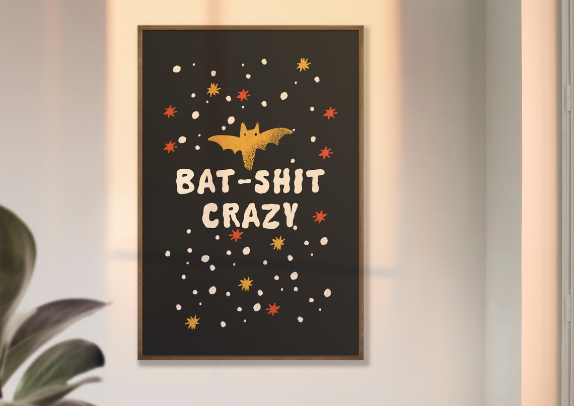 Bat Shit Crazy Funny Bat Stars Bold Halloween Typography Poster - Image 2