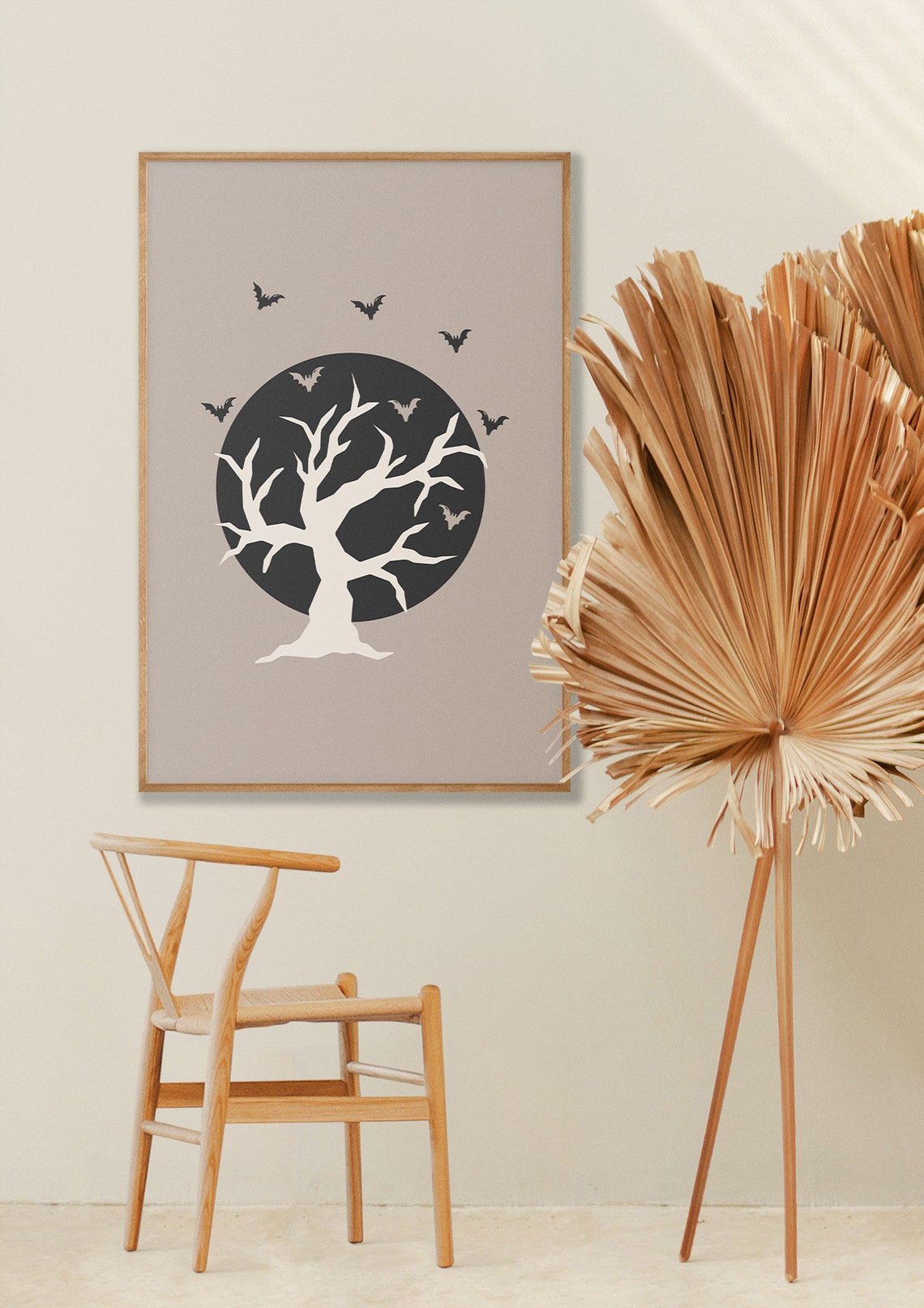 Spooky Bare Tree Black Moon Bats Minimalist Halloween Art Poster - Image 4