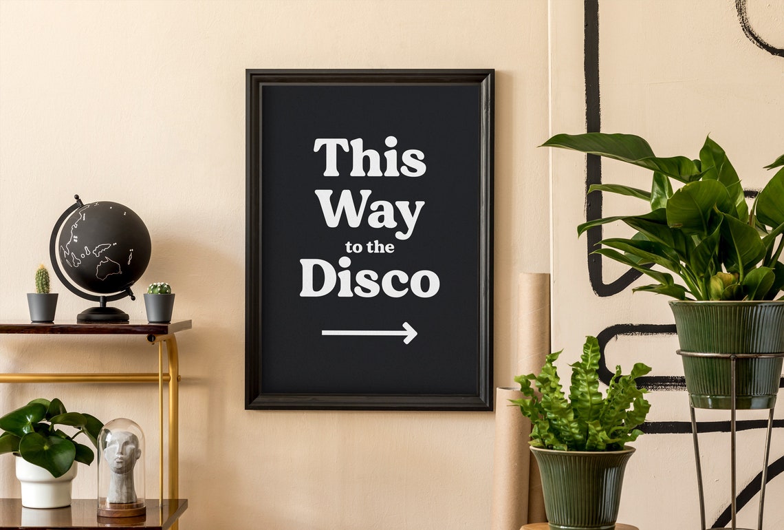 This Way To The Disco Arrow Retro Black And White Typography Poster - Image 2