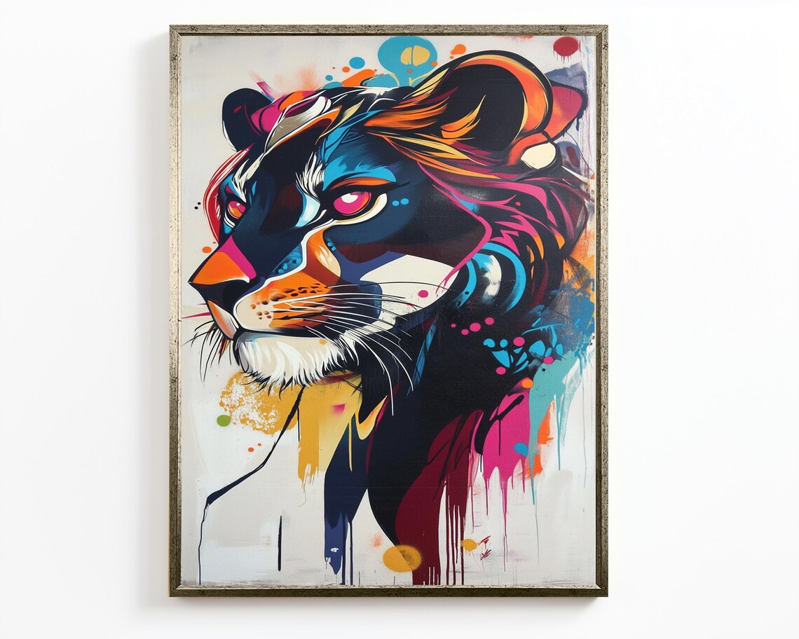 Colorful Graffiti Lioness Pop Art Neon Paint Splatter Wild Cat Wall Art Poster - Image 2